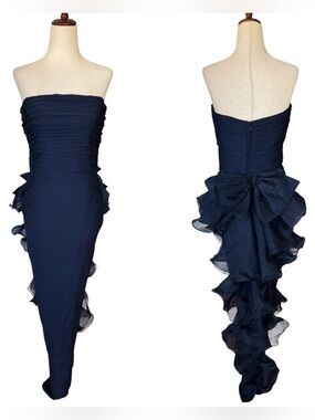 Vintage 70s 80s Jill Richards Strapless Navy Ruffle Bow Maxi Evening Dress Gown